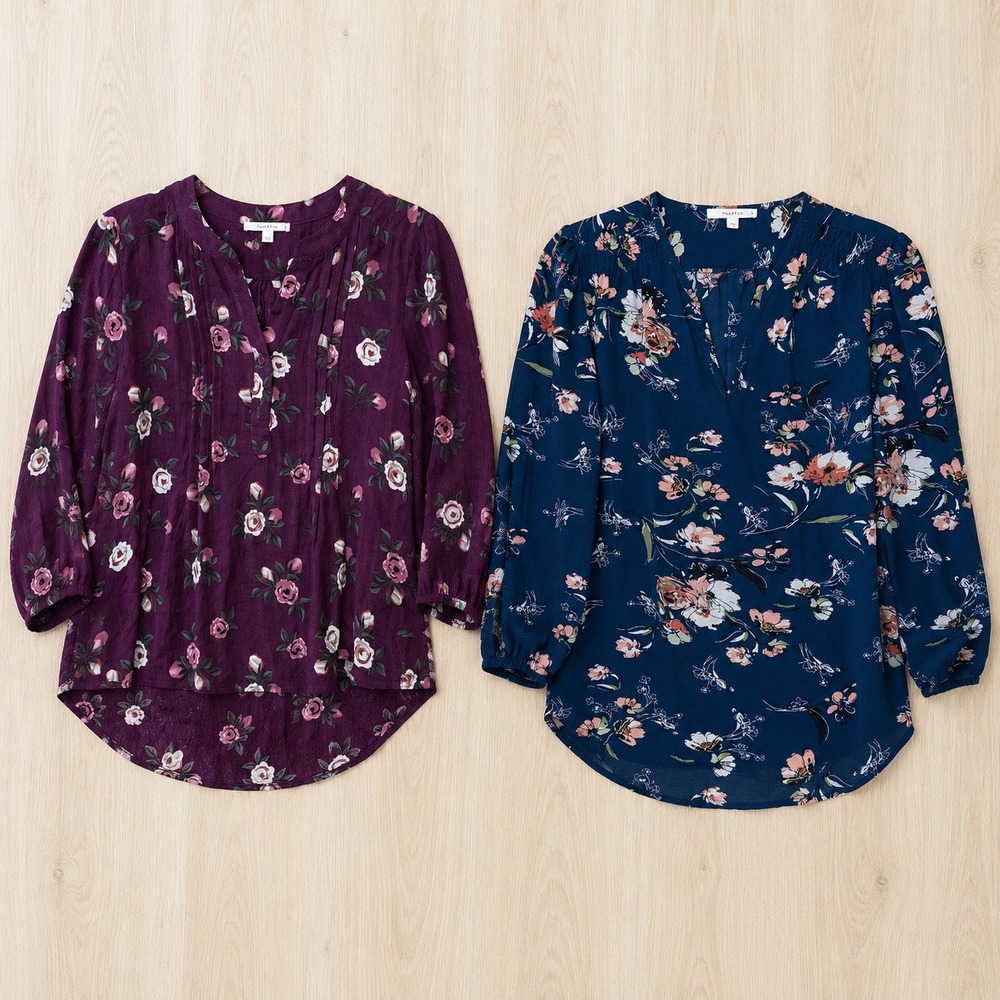 Women Floral Blouse 2 Piece Bundle Small Blue Burgundy 3/4 Sleeve Romantic Boho